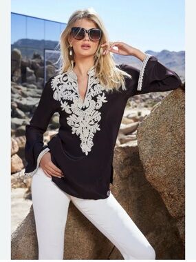 Boston Proper Black Embroidered Tunic with Ivory Lace Detail